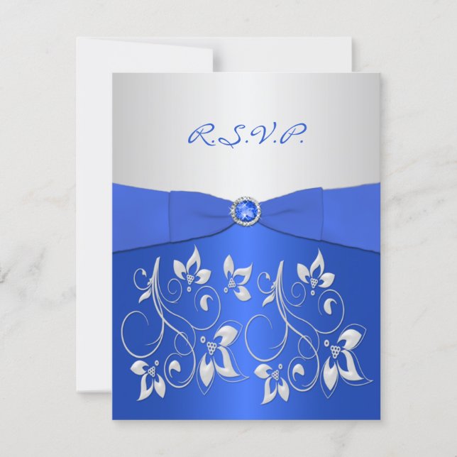 Cobalt Blue and Silver Floral RSVP Card (Front)