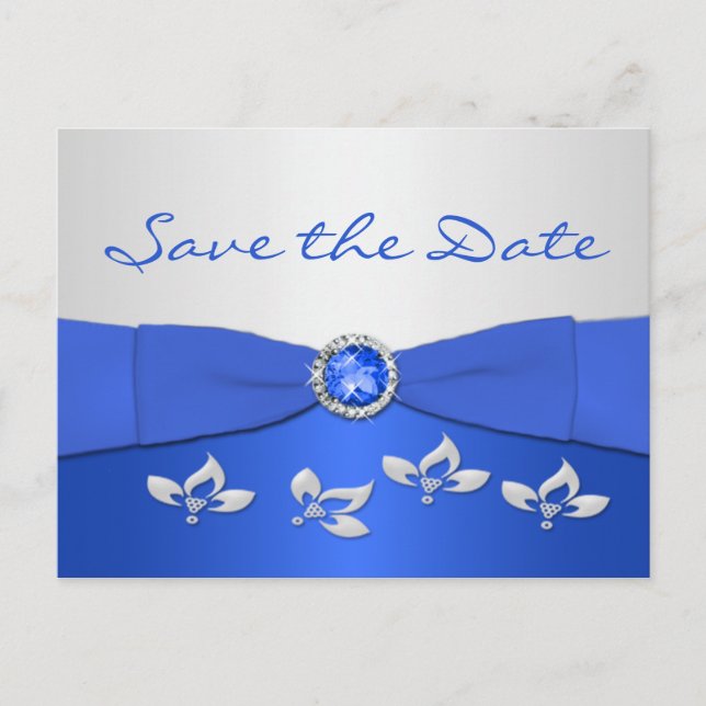 Cobalt Blue and Silver Floral Save the Date Card (Front)
