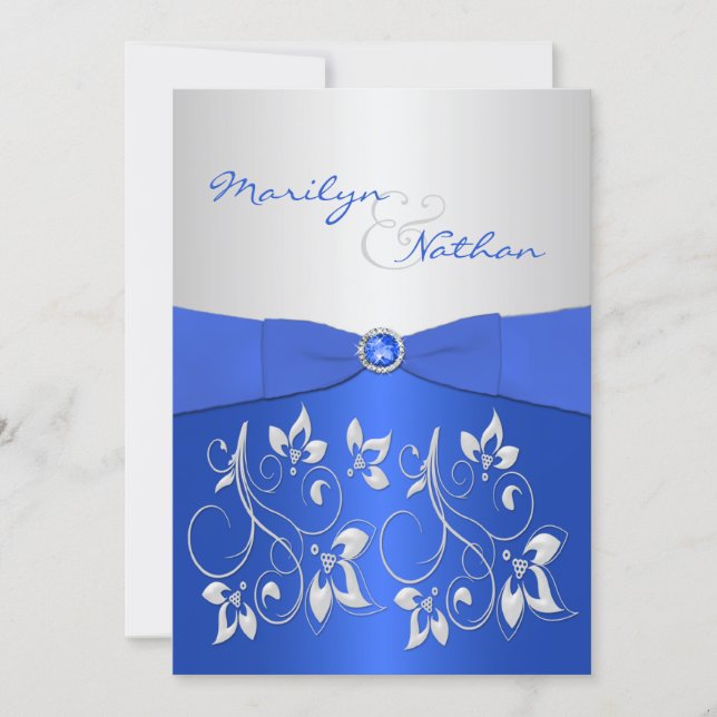 Cobalt Blue and Silver Floral Wedding Invitation (Front)
