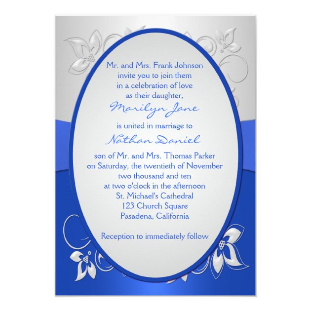 Cobalt Blue And Silver Floral Wedding Invitation
