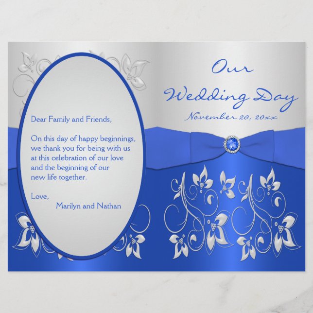 Cobalt Blue and Silver Floral Wedding Program (Front)