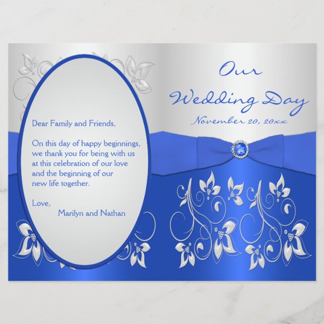 Cobalt Blue and Silver Floral Wedding Program (Front)