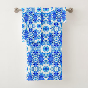 Cobalt Blue and White Batik Tile Pattern Bath Towel Set
