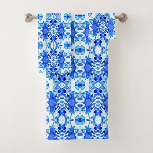 Cobalt Blue and White Batik Tile Pattern  Bath Towel Set