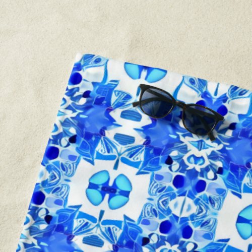 Cobalt Blue and White Batik Tile Pattern Beach Towel