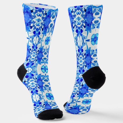 Cobalt Blue and White Batik Tile Pattern Socks