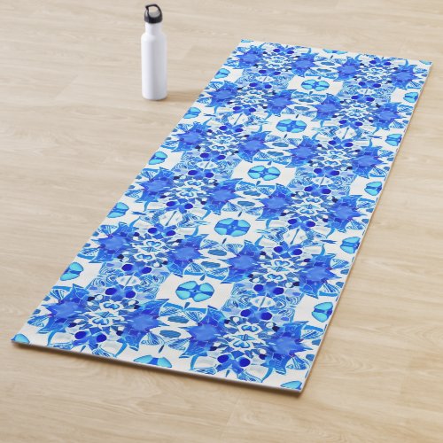 Cobalt Blue and White Batik Tile Pattern Yoga Mat