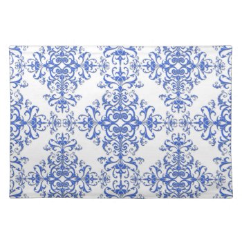 Cobalt Blue And White Floral Damask Style Pattern Cloth Placemat by MHDesignStudio at Zazzle