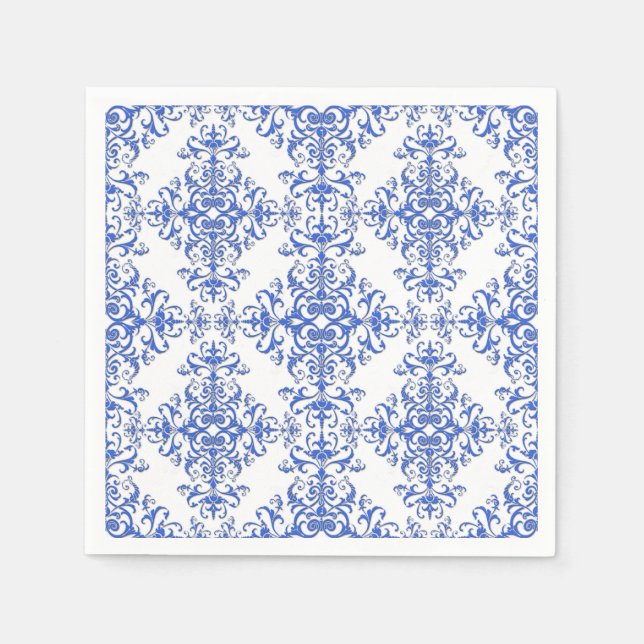 Cobalt Blue and White Floral Damask Style Pattern Napkins (Front)