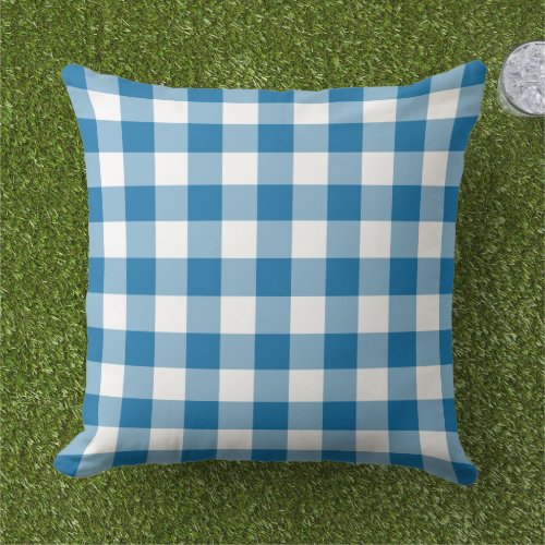 Cobalt Blue and White Gingham Plaid Pattern Outdoor Pillow