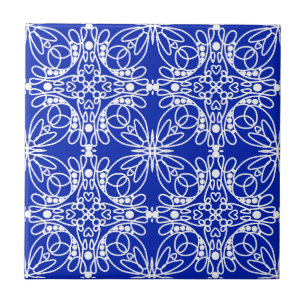 Cobalt Blue and White Line Art Floral and Hearts Ceramic Tile