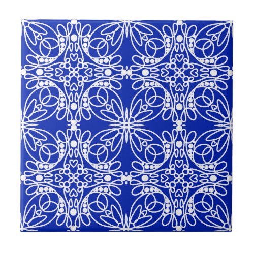 Cobalt Blue and White Line Art Floral and Hearts Ceramic Tile