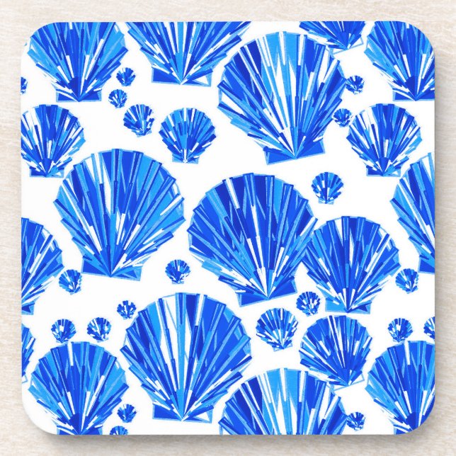 Cobalt Blue and White Sea Shells Beverage Coaster (Front)
