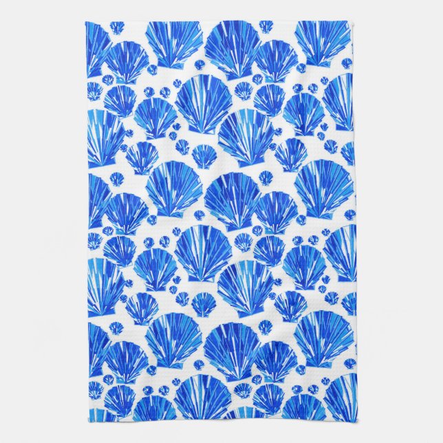 Cobalt Blue and White Sea Shells Kitchen Towel (Vertical)