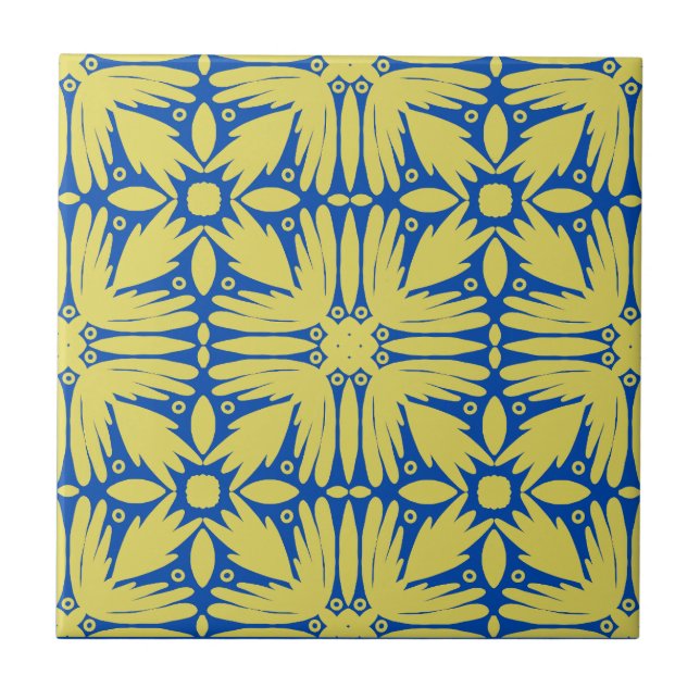 Cobalt Blue and Yellow Floral Ceramic Tile (Front)