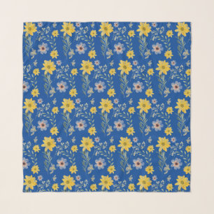 Cobalt Blue and Yellow Sunflower Pattern Scarf