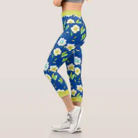 Cobalt Blue Apple Green Luxury Flowers Capri Leggings