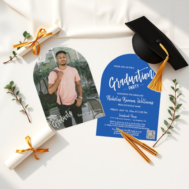Cobalt Blue Arch Photo Graduation Party QR Code Invitation (Creator Uploaded)
