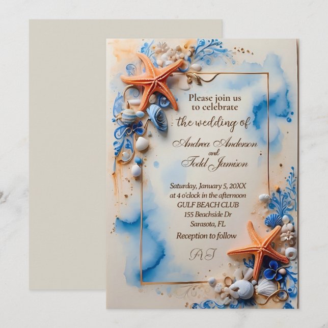 Cobalt blue beachside wedding  invitation (Front/Back)