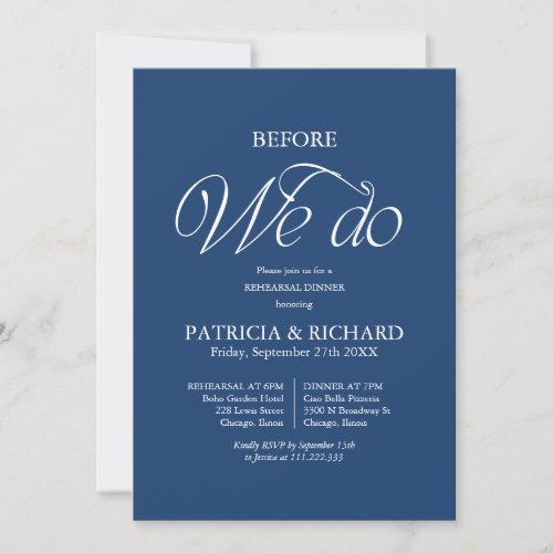Cobalt Blue Before We Do Wedding Rehearsal Dinner Invitation