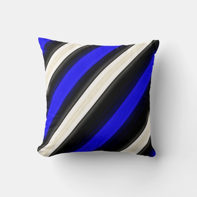 Cobalt Blue, Black and White Diagonal Stripes Throw Pillow (Front)