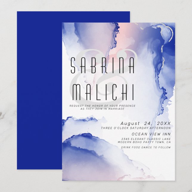 CObalt Blue Blush Rose Modern Fluid Ink Invitation (Front/Back)