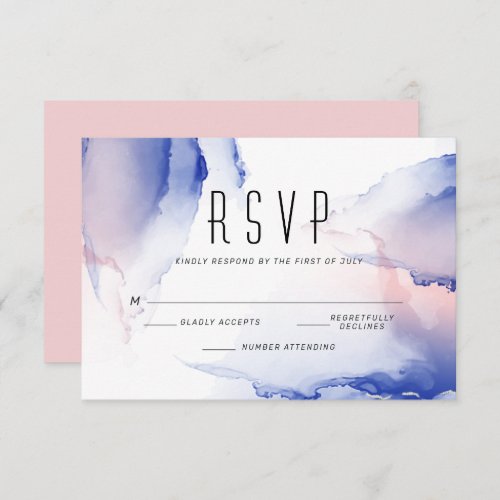 CObalt Blue Blush Rose Modern Fluid Ink RSVP Card