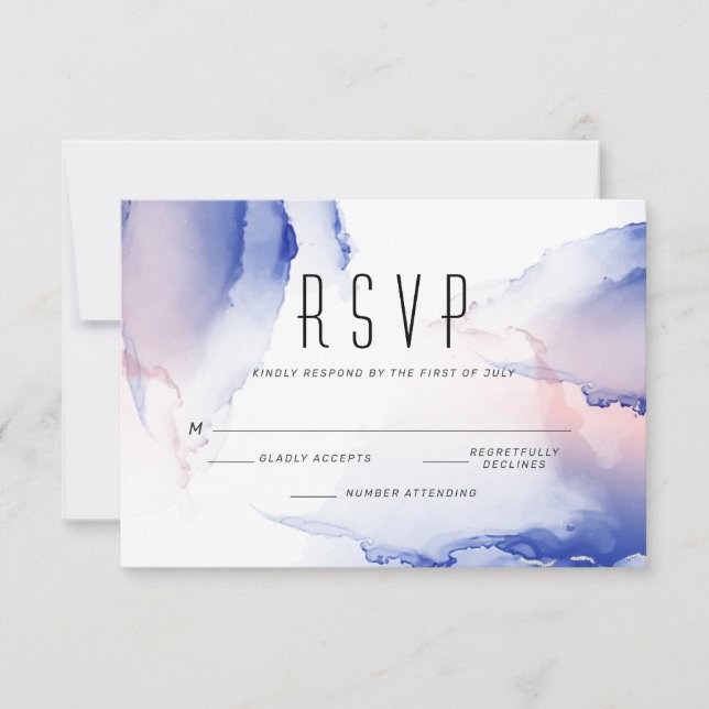 CObalt Blue Blush Rose Modern Fluid Ink RSVP Card (Front)