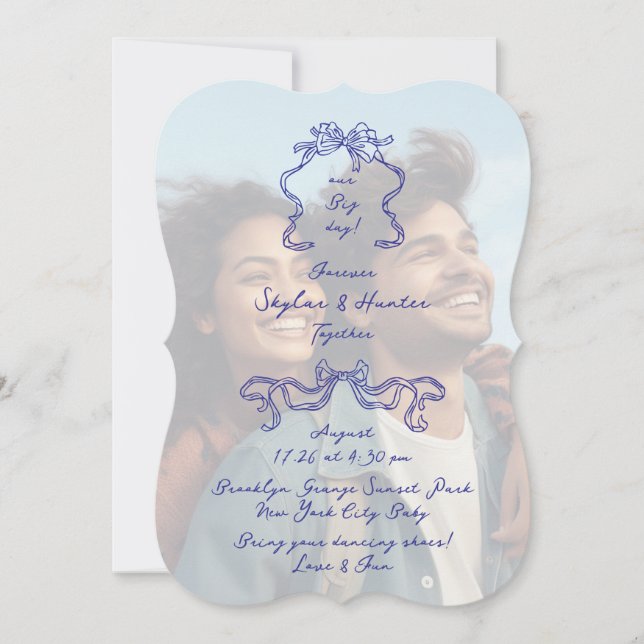 Cobalt Blue Boho Doodle Overlay Photo Wedding Invitation (Front)