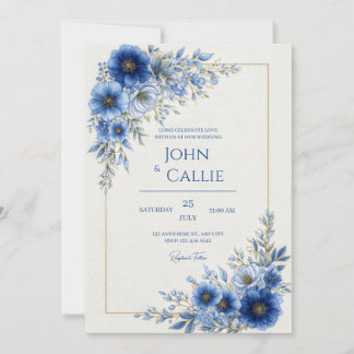 Cobalt Blue Botanical Gold Line Frame Wedding Invitation