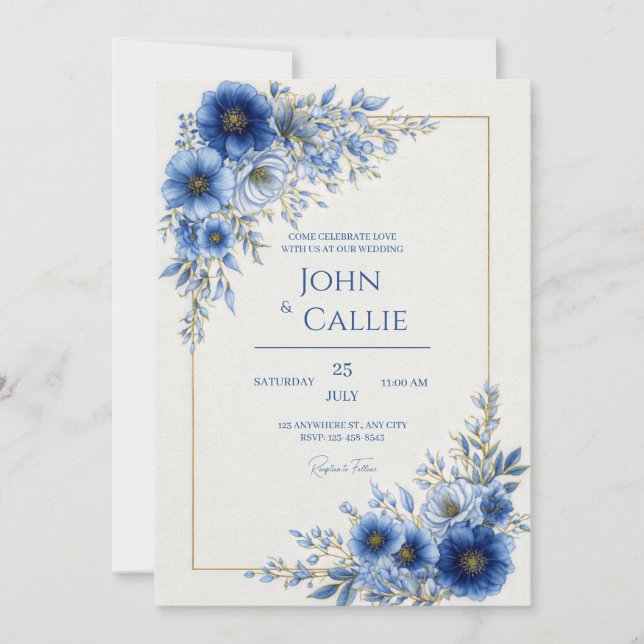 Cobalt Blue Botanical Gold Line Frame Wedding Invitation (Front)