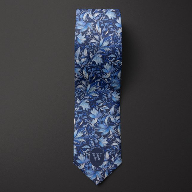 Cobalt Blue Botanical Monogram Neck Tie (Creator Uploaded)