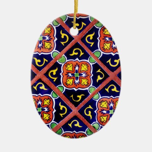 Cobalt Blue Burnt Orange Southwestern Tile Design Ceramic Ornament