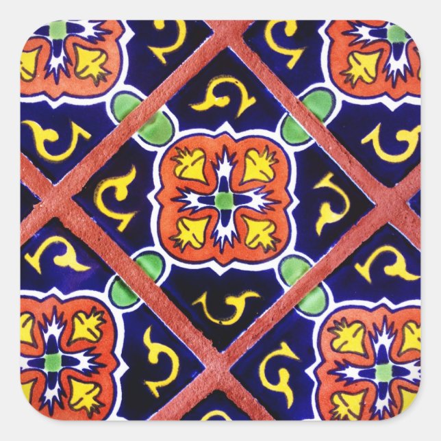 Cobalt Blue Burnt Orange Southwestern Tile Design Square Sticker (Front)
