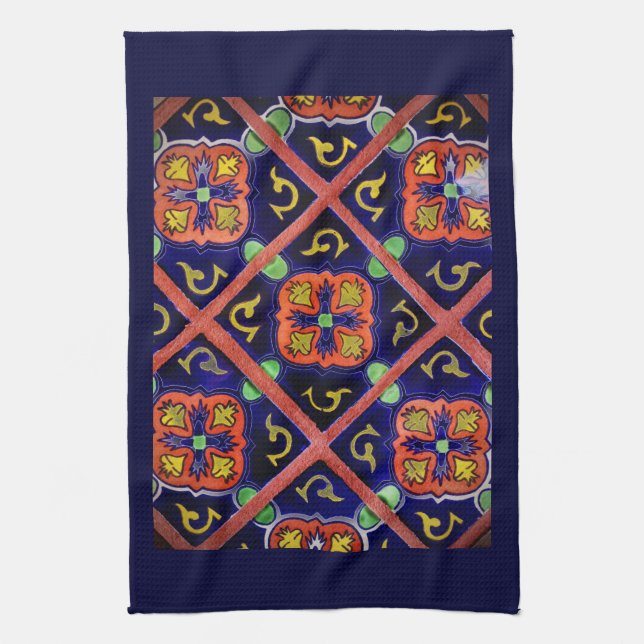 Cobalt Blue Burnt Orange Southwestern Tile Design Towel (Vertical)