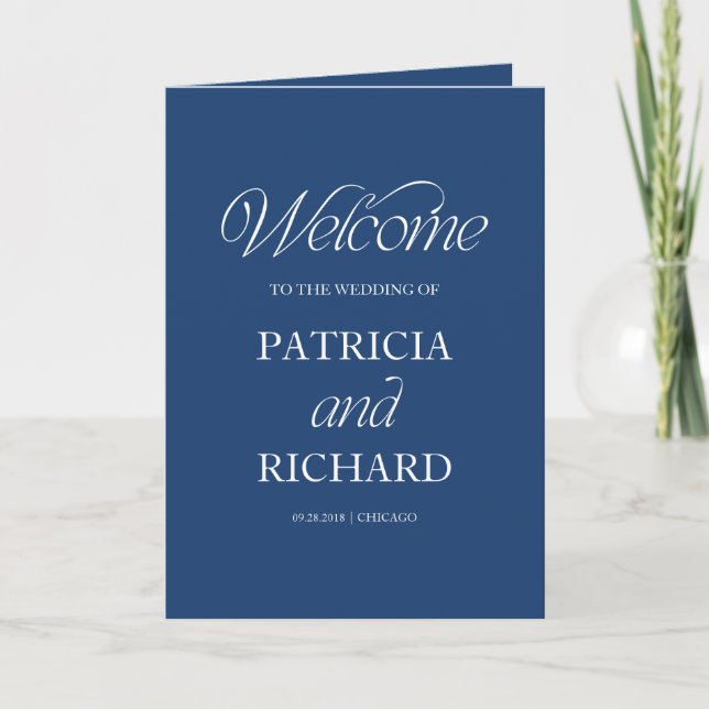Cobalt Blue Calligraphy Wedding Folded Program (Front)