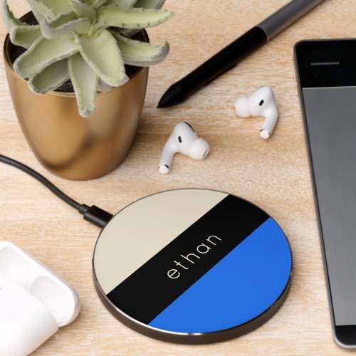 Cobalt Blue Color Block Stripes with Name Wireless Charger