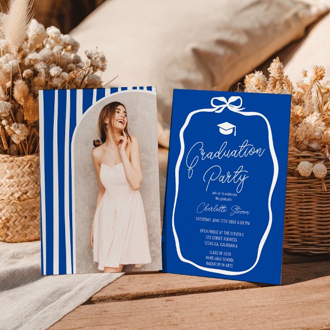 Cobalt Blue Coquette Bow photo graduation Invitation (Cobalt Blue Coquette Bow photo graduation Invitation)