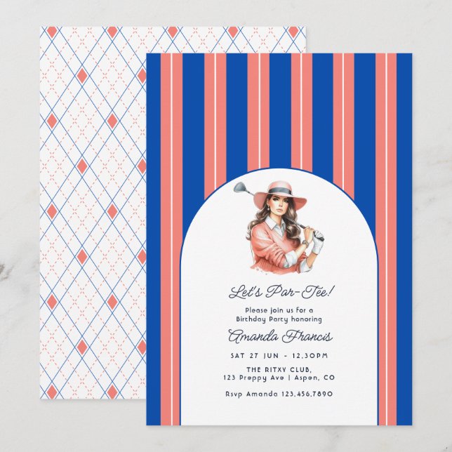Cobalt Blue, Coral & White Ladies Golf Birthday Invitation (Front/Back)