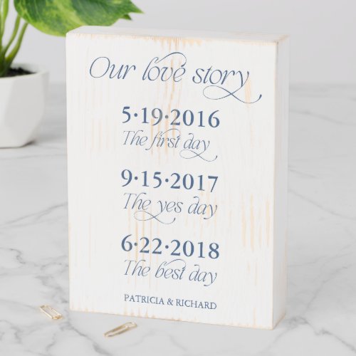 Cobalt Blue Couple's Milestone Timeline Wedding Wooden Box Sign