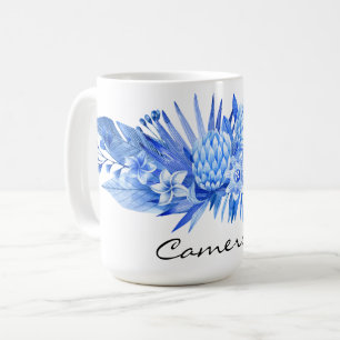 Cobalt Blue, Custom Tropical Flowers Leaves 15oz Coffee Mug