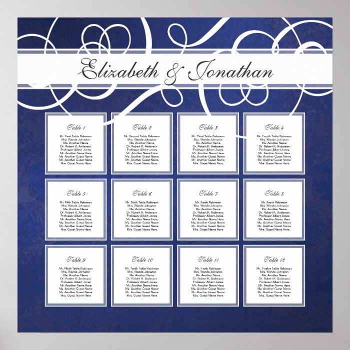 Cobalt Blue Damask Dinner Party Seating Chart Print