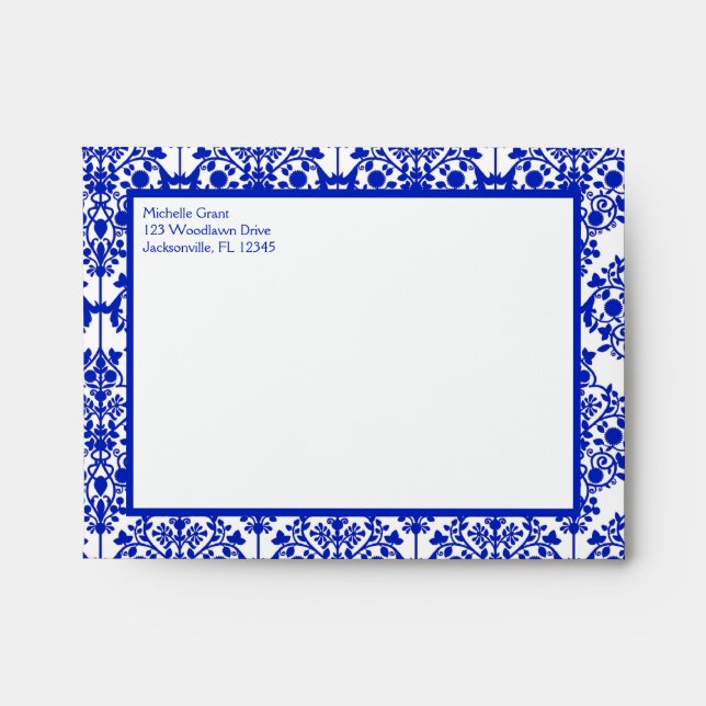Cobalt Blue Damask Envelope for Thank You Note (Front)