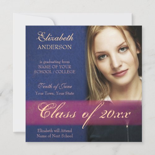 Cobalt Blue Damask Grunge Graduation Announcement