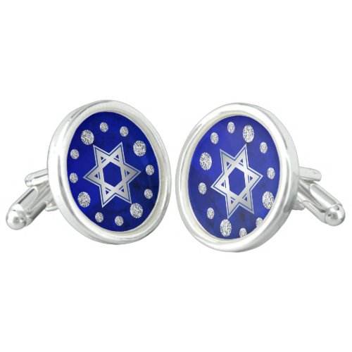 Cobalt Blue Diamond Dial Silver Star of David Cufflinks