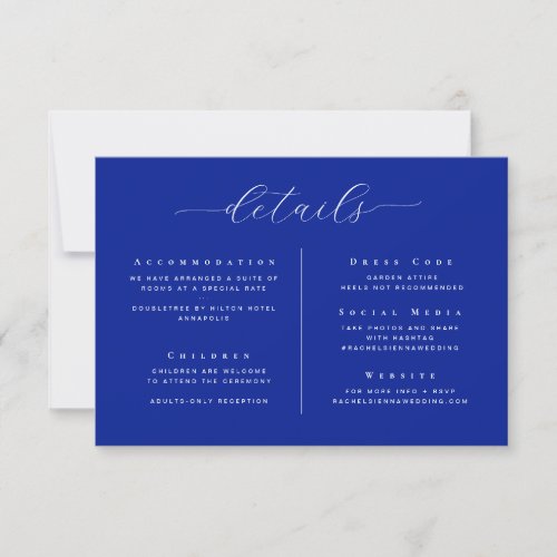 Cobalt Blue Elegant Minimalist Wedding Details Invitation