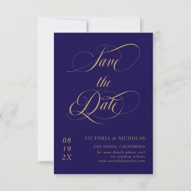 Cobalt Blue Elegant Romantic Wedding Save The Date (Front)