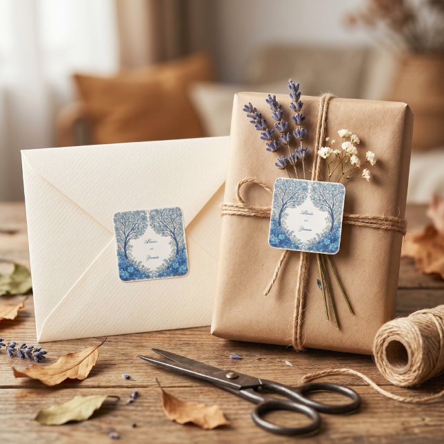 Cobalt Blue Etched Botanical Tree Arch Wedding Square Sticker (Creator Uploaded)