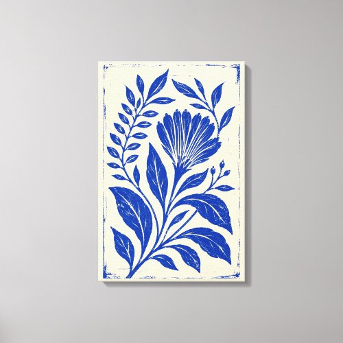 Cobalt Blue Fan Flower Botanical Linocut Canvas Print