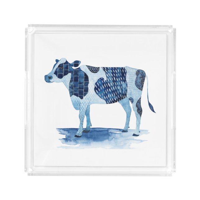 Cobalt Blue Farm Animals - Cow Acrylic Tray (Front)
